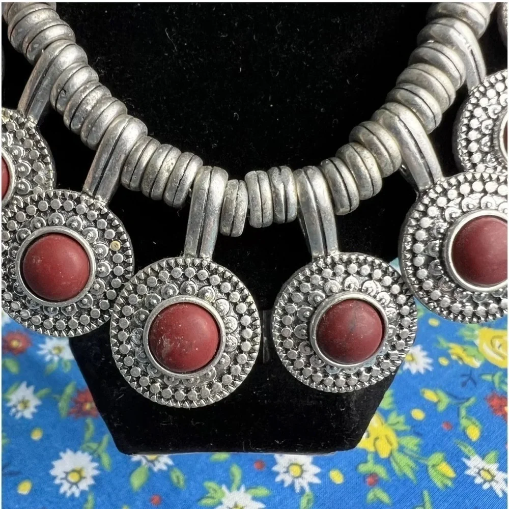LUCKY BRAND Necklace 9 Silvertone Red Rhinestone Fringe Pendant Boho Gypsy Hipie